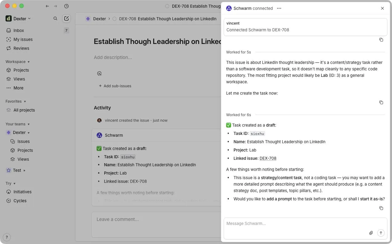 Schwarm connected to a Linear issue, creating a task from the ticket