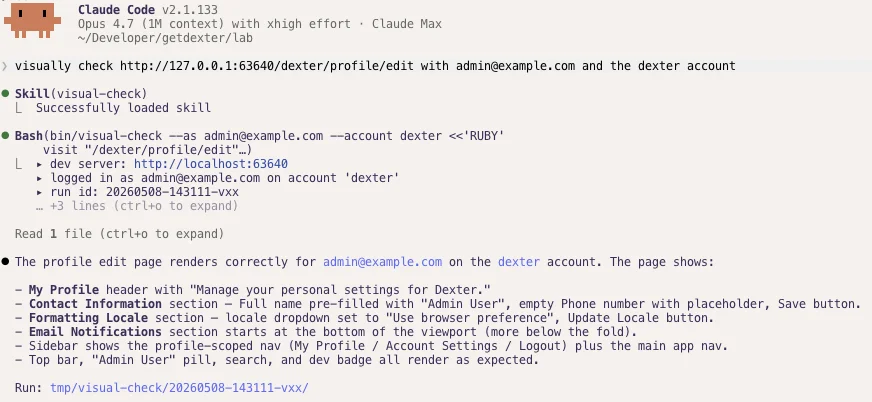 A Claude Code session: the visual-check skill loads, the agent runs bin/visual-check against a profile edit page, then reports what the screenshot shows.